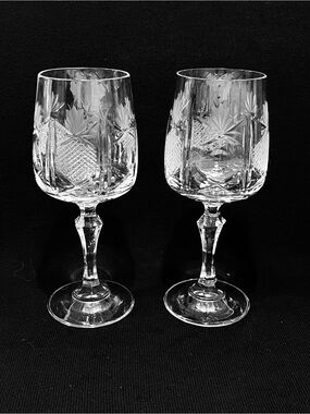 Vintage 1950’s Hand cut Crystal Wine Goblets Set of 2 Made in Germany